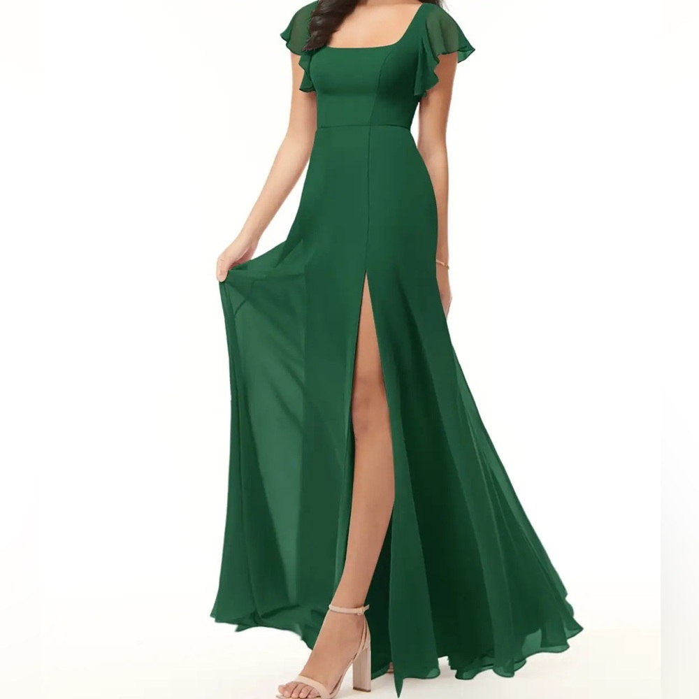 Azazie Bondi, Dark Green A-Line Ruffled Chiffon Dress, Size A4